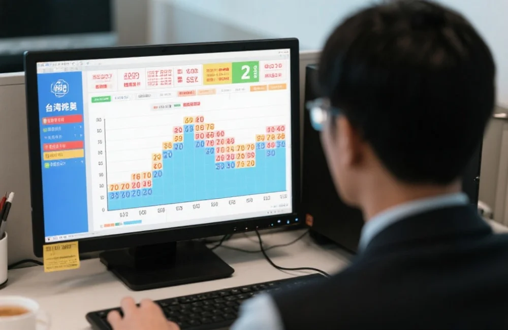 一位分析师正在电脑屏幕前，屏幕上显示台湾宾果历史开奖结果的数字分布图表